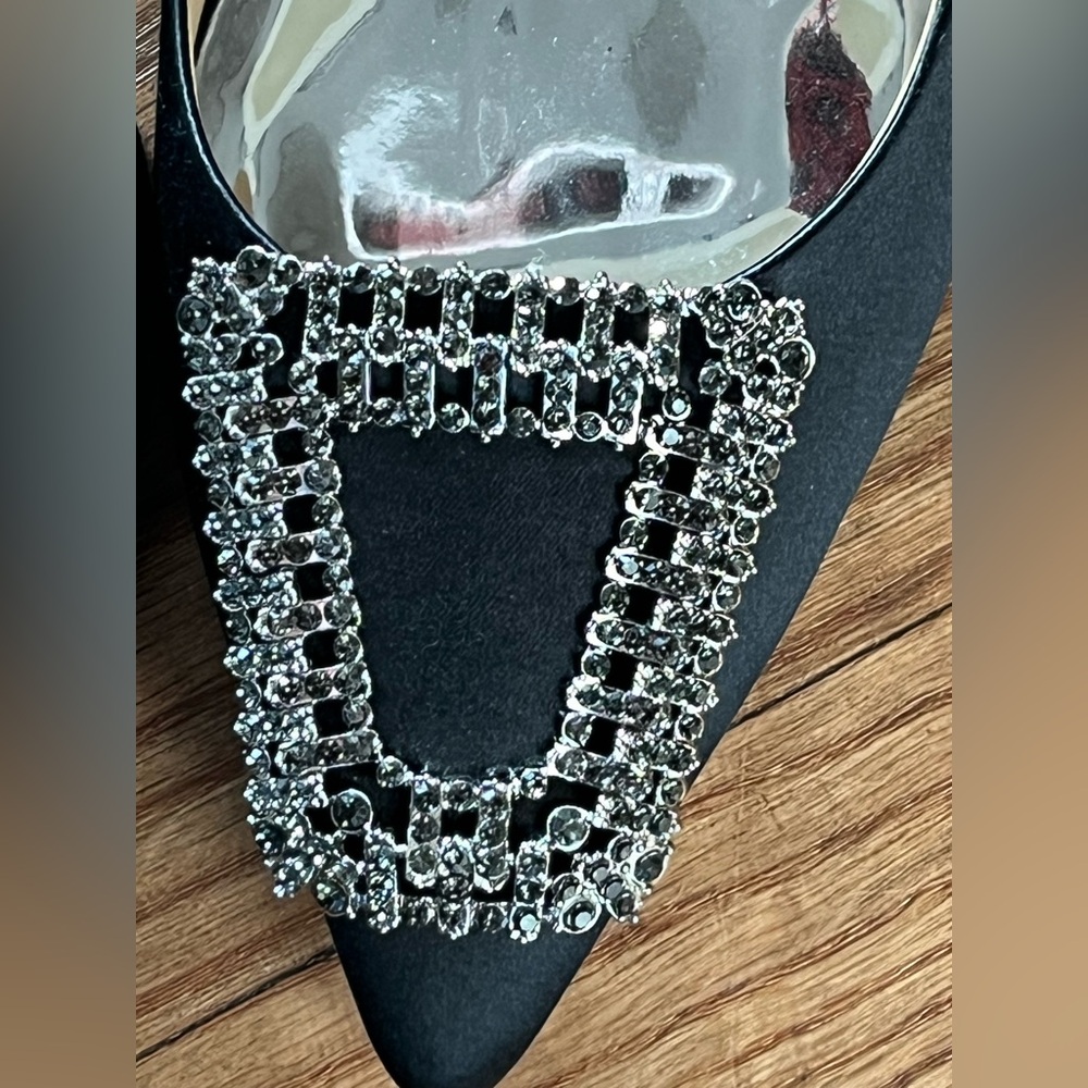 Badgley Mischka Black Enida Satin Crystal Buckle Slingback Pumps Size 11 EUC - Picture 7 of 16